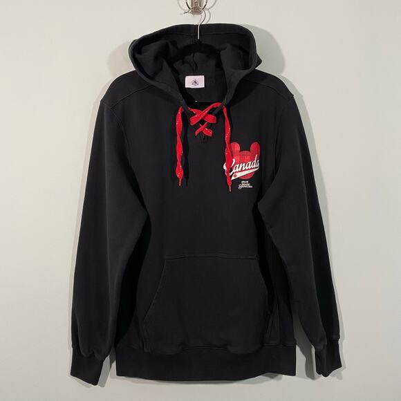 Disney Parks Epcot Black Red Logo Canada Lace Up Pullover Hoodie Size M - Picture 1 of 9